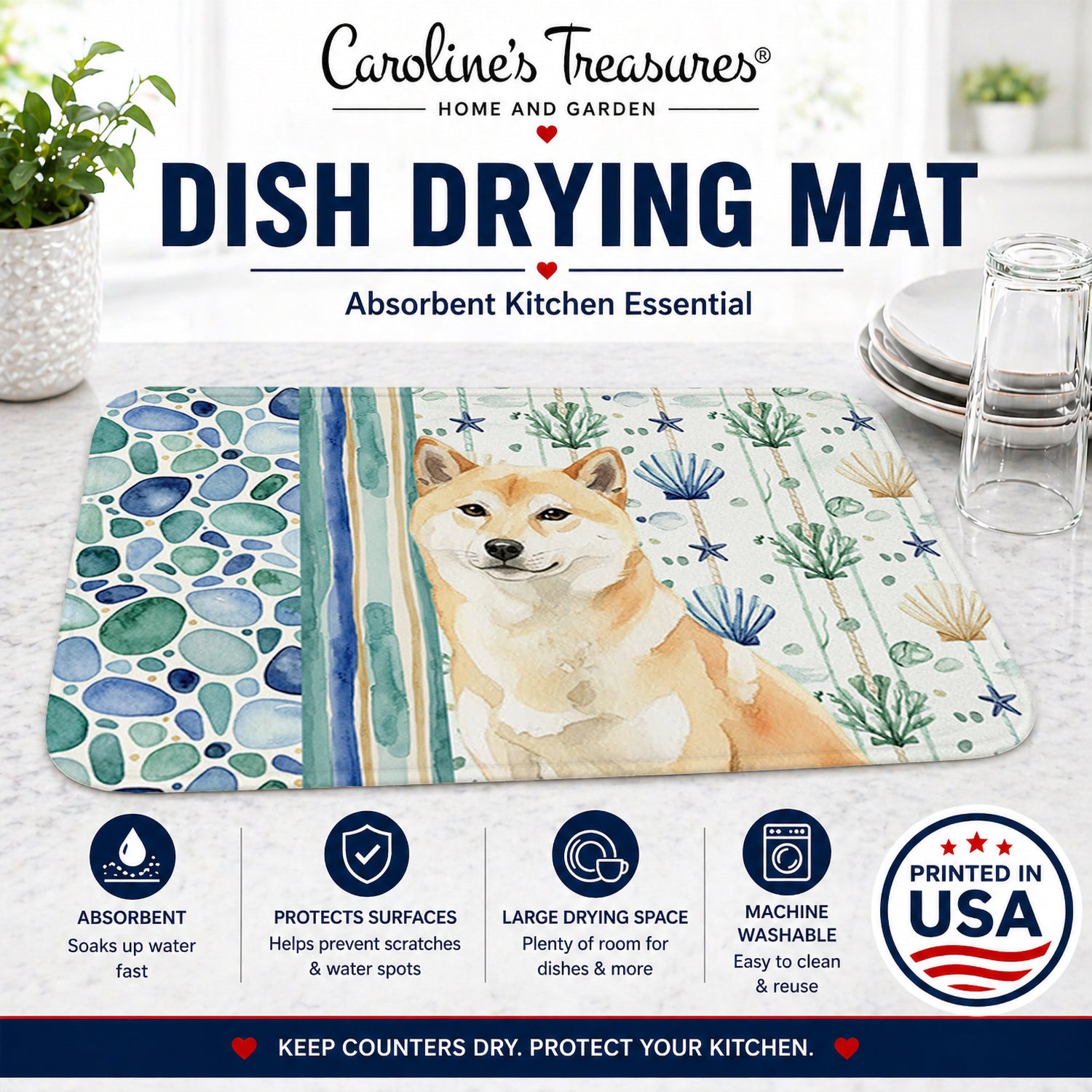 Cream Shiba Inu Coastal Sea Glass Dish Drying Mat Absorbent Dish Drying Mat Pad for Kitchen Counter Dish Drainer Mat for Countertop, 14 x 21", Multicolor