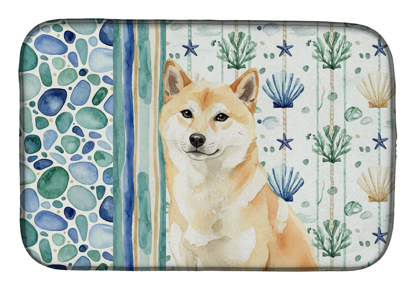 Cream Shiba Inu Coastal Sea Glass Dish Drying Mat Absorbent Dish Drying Mat Pad for Kitchen Counter Dish Drainer Mat for Countertop, 14 x 21", Multicolor