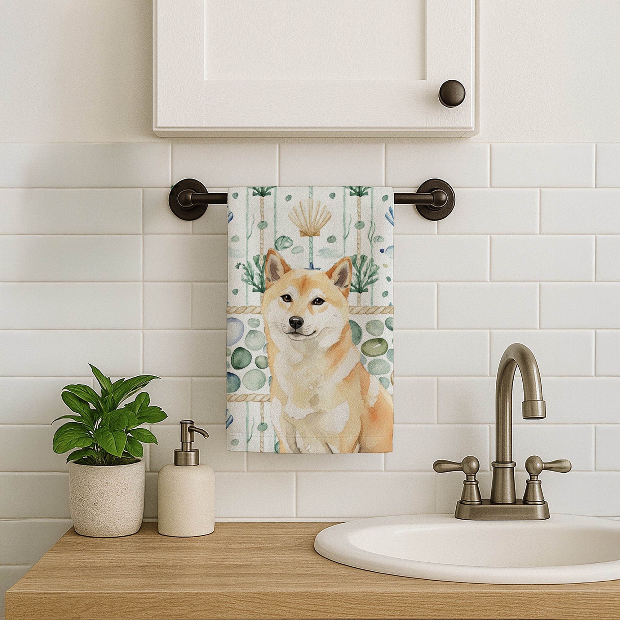 Cream Shiba Inu Coastal Sea Glass Kitchen Towel Velour Plush Front and Cotton Loop Back Machine Washable