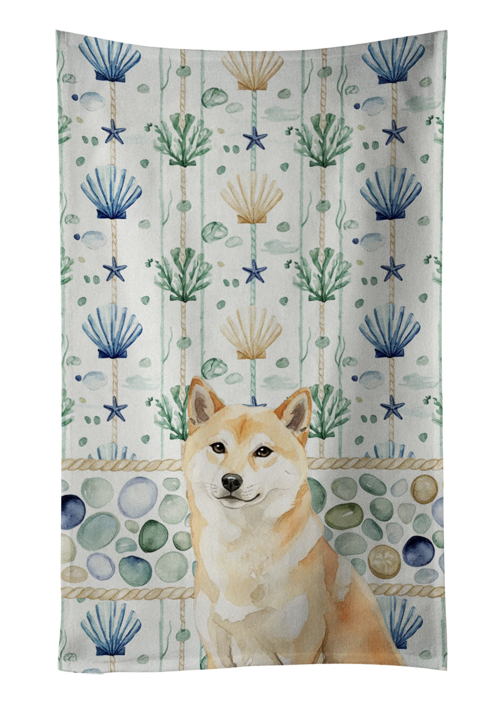 Cream Shiba Inu Coastal Sea Glass Kitchen Towel Velour Plush Front and Cotton Loop Back Machine Washable
