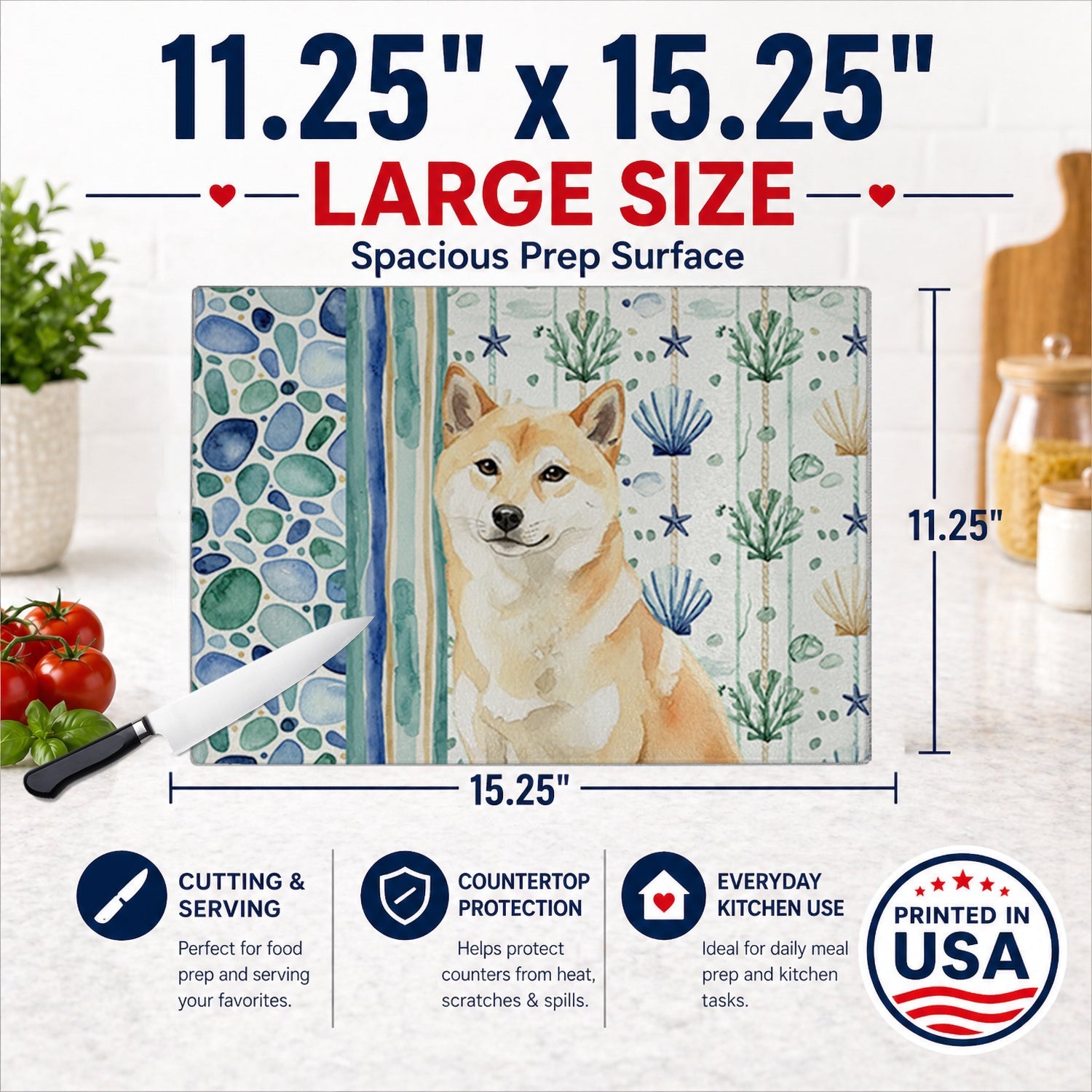 Cream Shiba Inu Coastal Sea Glass Cutting Board Tempered Glass Kitchen Cutting Surface, Heat Resistant Chopping, Non-Slip Feet, Food Prep & Serving