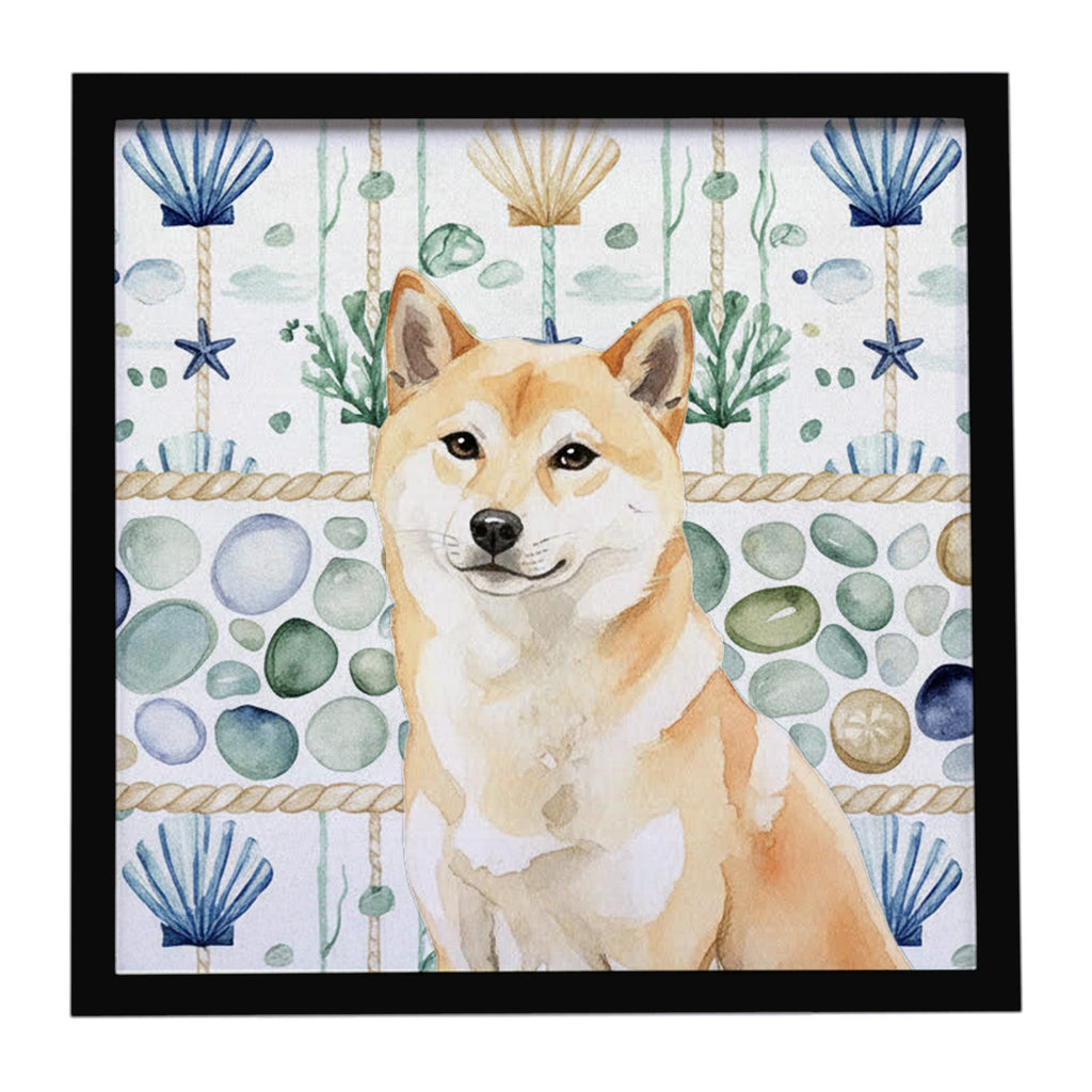 Cream Shiba Inu Coastal Sea Glass Framed Metal Print Bathroom, Kitchen, Office, Home Decor Wall Art Ready to Hang, Square, 8X8