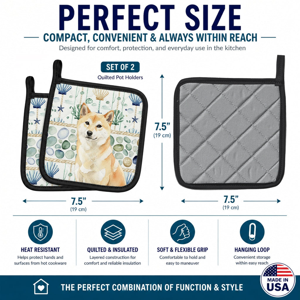 Cream Shiba Inu Coastal Sea Glass Pot Holder Set of 2 Heat Resistant Quilted Hot Pads 7.5 x 7.5 Inch, Insulated Kitchen Trivets for Cooking & Baking