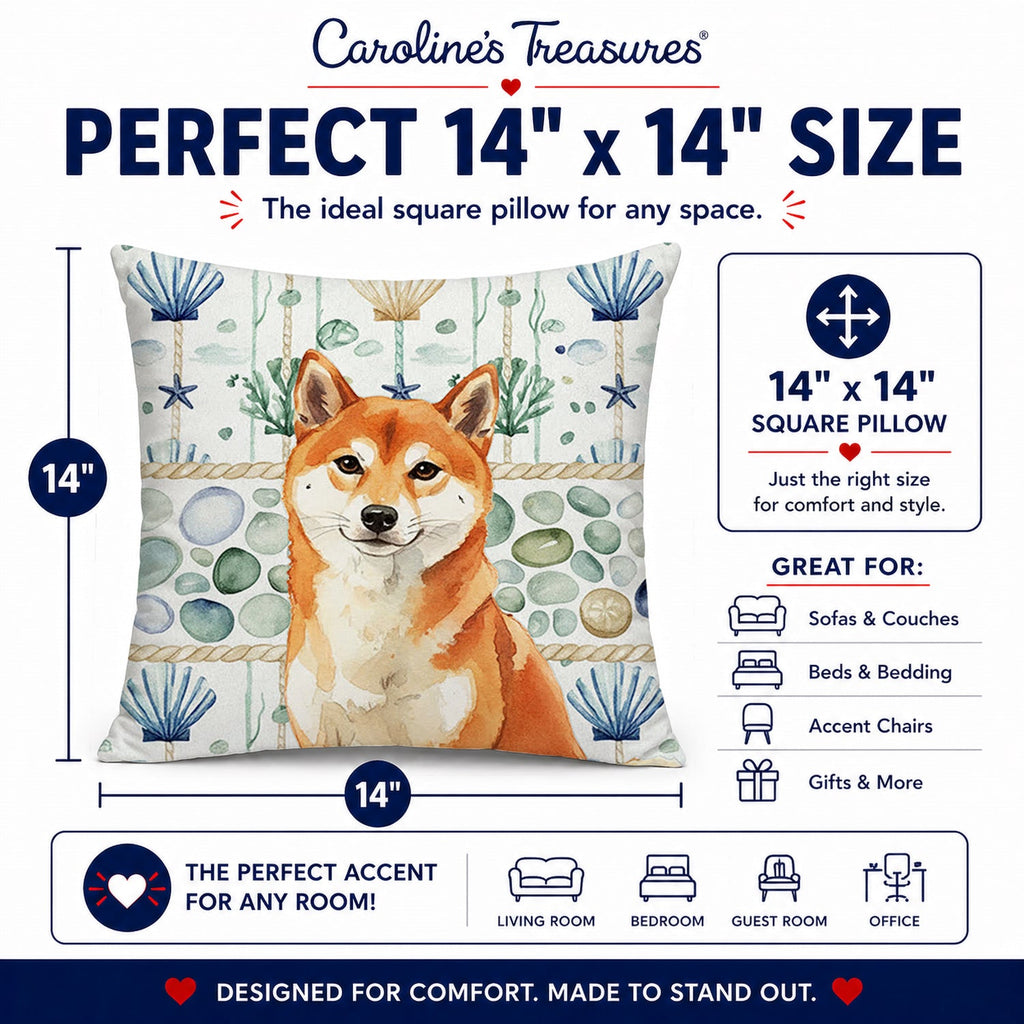 Red Shiba Inu Coastal Sea Glass Decorative Throw Pillow 14x14 Indoor Outdoor Accent Cushion, Fabric Cover with Insert for Sofa, Bed, Porch & Living Room