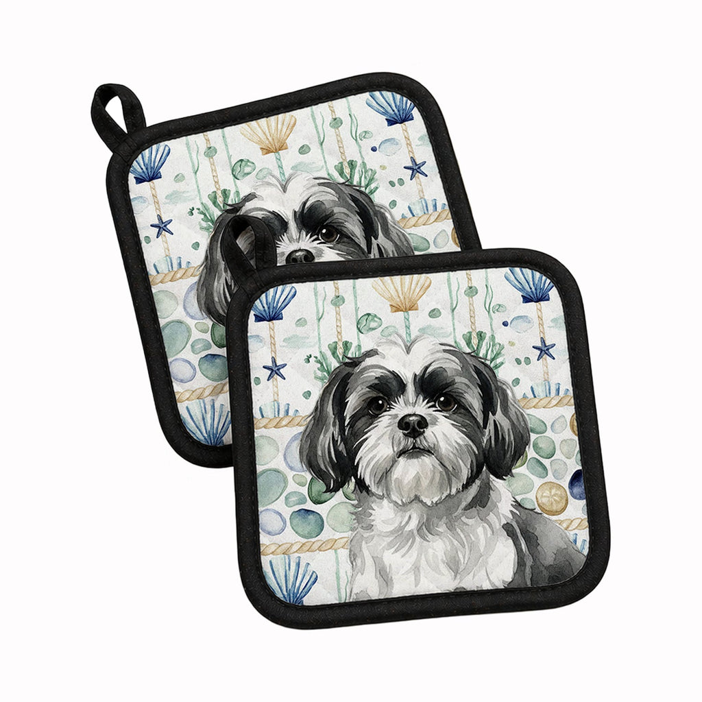 Black and White Shih Tzu Coastal Sea Glass Pot Holder Set of 2 Heat Resistant Quilted Hot Pads 7.5 x 7.5 Inch, Insulated Kitchen Trivets for Cooking & Baking
