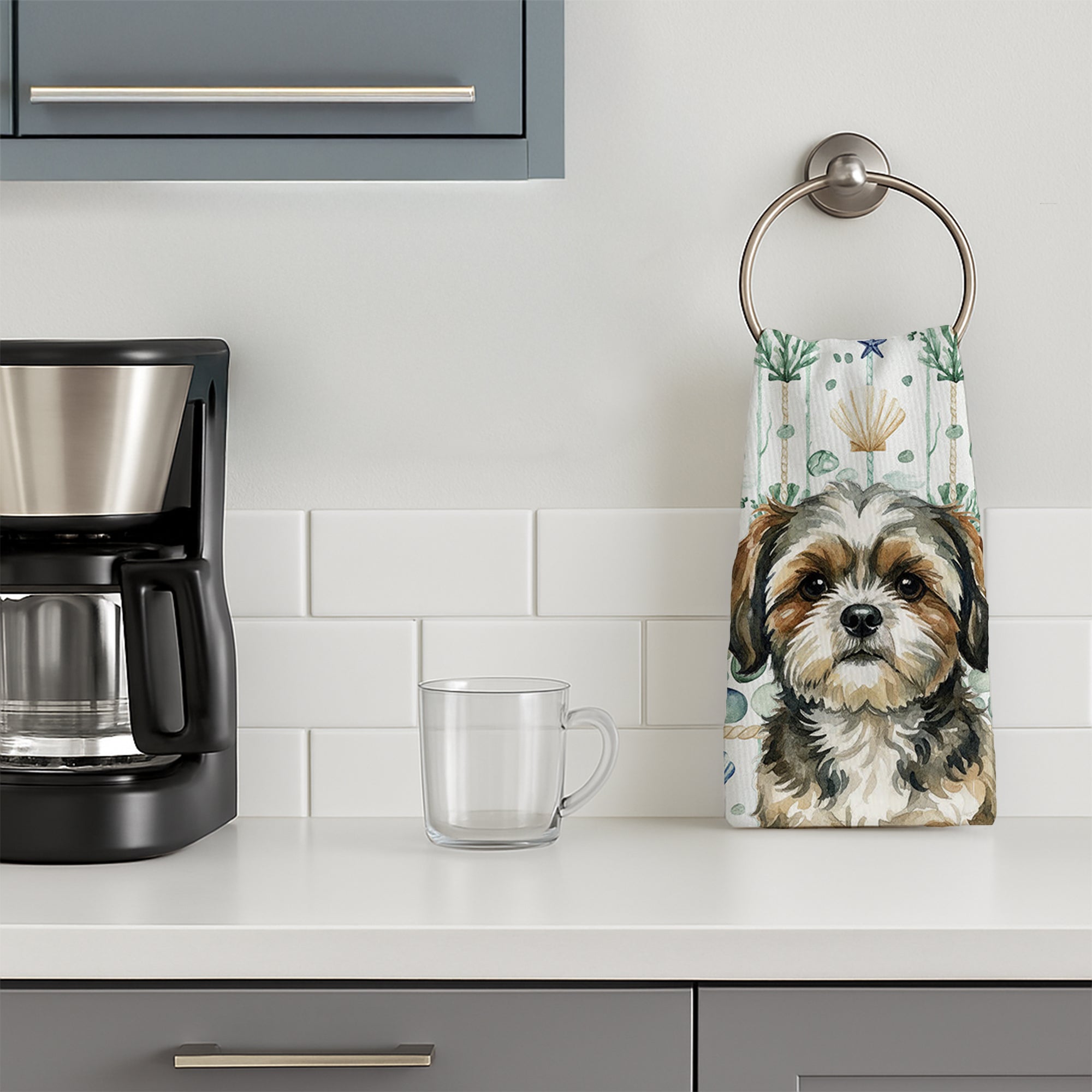 Brindle Shih Tzu Coastal Sea Glass Kitchen Towel Velour Plush Front and Cotton Loop Back Machine Washable