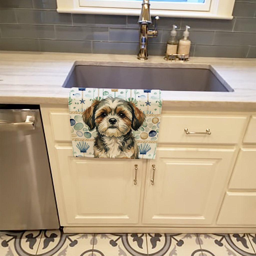 Brindle Shih Tzu Coastal Sea Glass Kitchen Towel Velour Plush Front and Cotton Loop Back Machine Washable