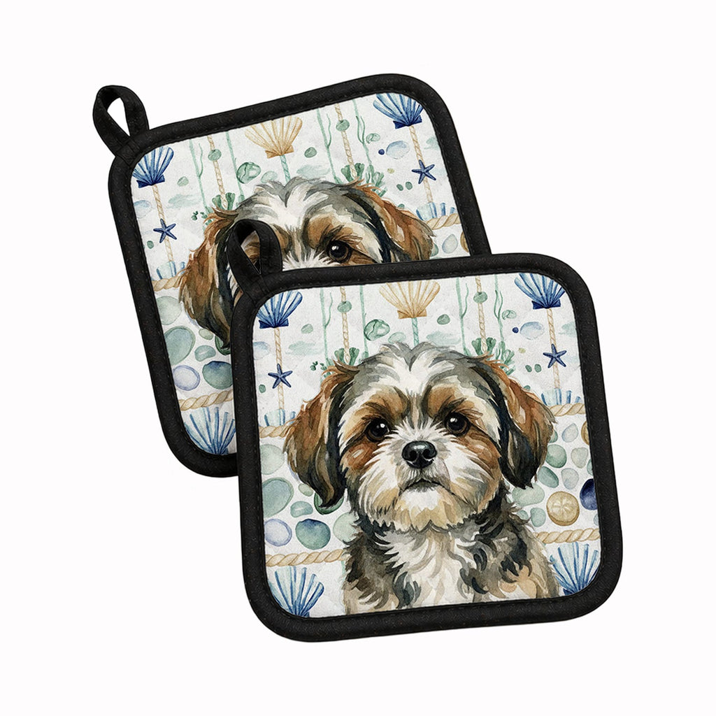 Brindle Shih Tzu Coastal Sea Glass Pot Holder Set of 2 Heat Resistant Quilted Hot Pads 7.5 x 7.5 Inch, Insulated Kitchen Trivets for Cooking & Baking