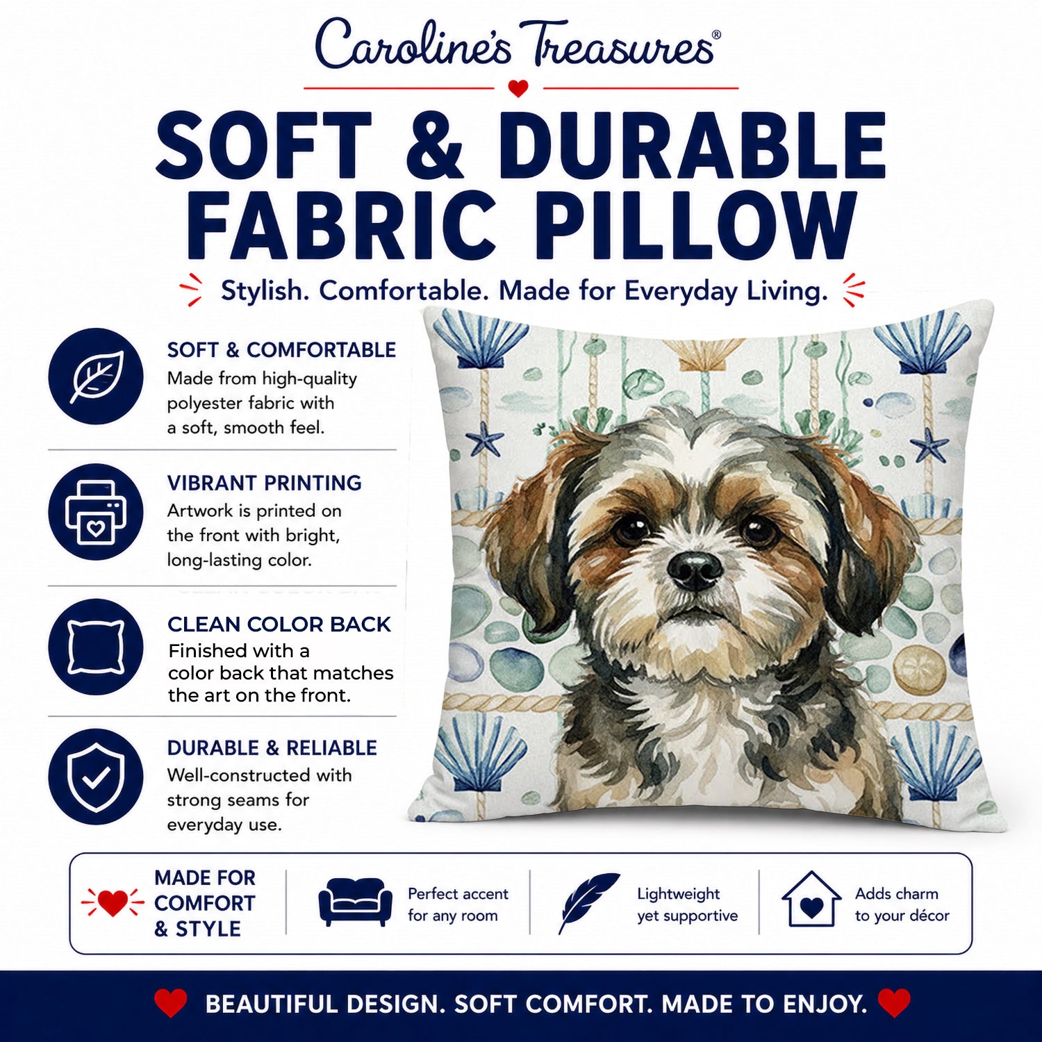 Brindle Shih Tzu Coastal Sea Glass Decorative Throw Pillow 18x18 Indoor Outdoor Accent Cushion, Fabric Cover with Insert for Sofa, Bed, Porch & Living Room