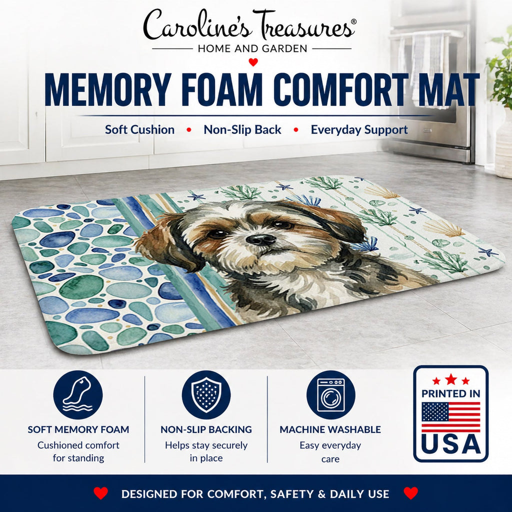 Brindle Shih Tzu Coastal Sea Glass Memory Foam Kitchen Mat Machine Washable Anti-Fatigue Cushion Comfort Bath or Kitchen Rug