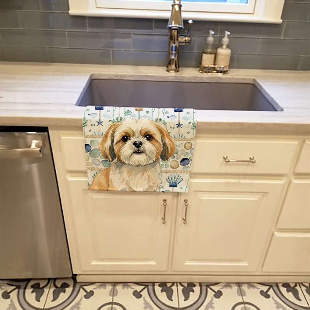 Gold and White Shih Tzu Coastal Sea Glass Kitchen Towel Velour Plush Front and Cotton Loop Back Machine Washable