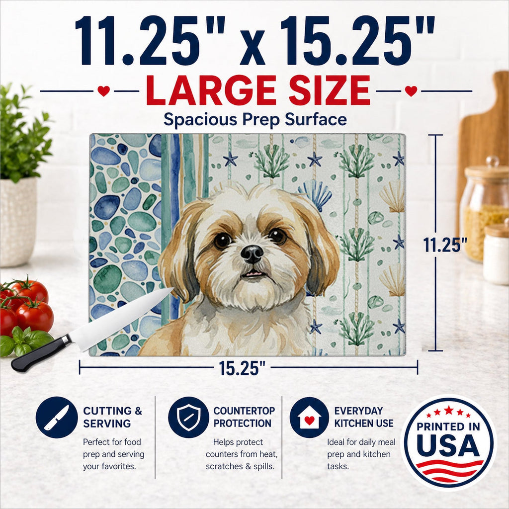 Gold and White Shih Tzu Coastal Sea Glass Cutting Board Tempered Glass Kitchen Cutting Surface, Heat Resistant Chopping, Non-Slip Feet, Food Prep & Serving