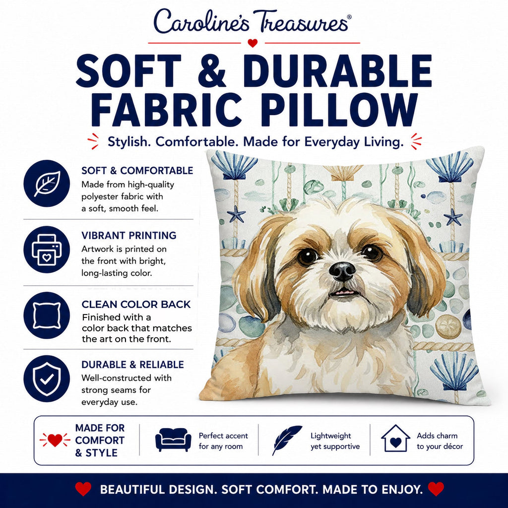 Gold and White Shih Tzu Coastal Sea Glass Decorative Throw Pillow 14x14 Indoor Outdoor Accent Cushion, Fabric Cover with Insert for Sofa, Bed, Porch & Living Room