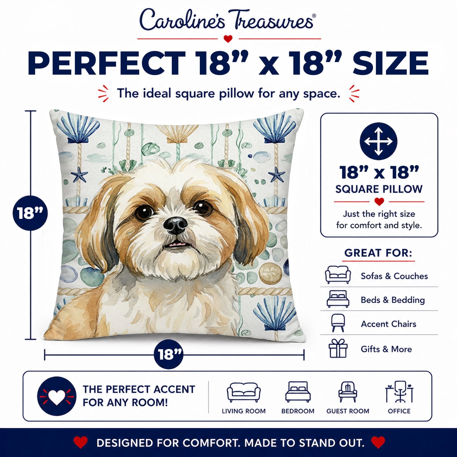 Gold and White Shih Tzu Coastal Sea Glass Decorative Throw Pillow 18x18 Indoor Outdoor Accent Cushion, Fabric Cover with Insert for Sofa, Bed, Porch & Living Room