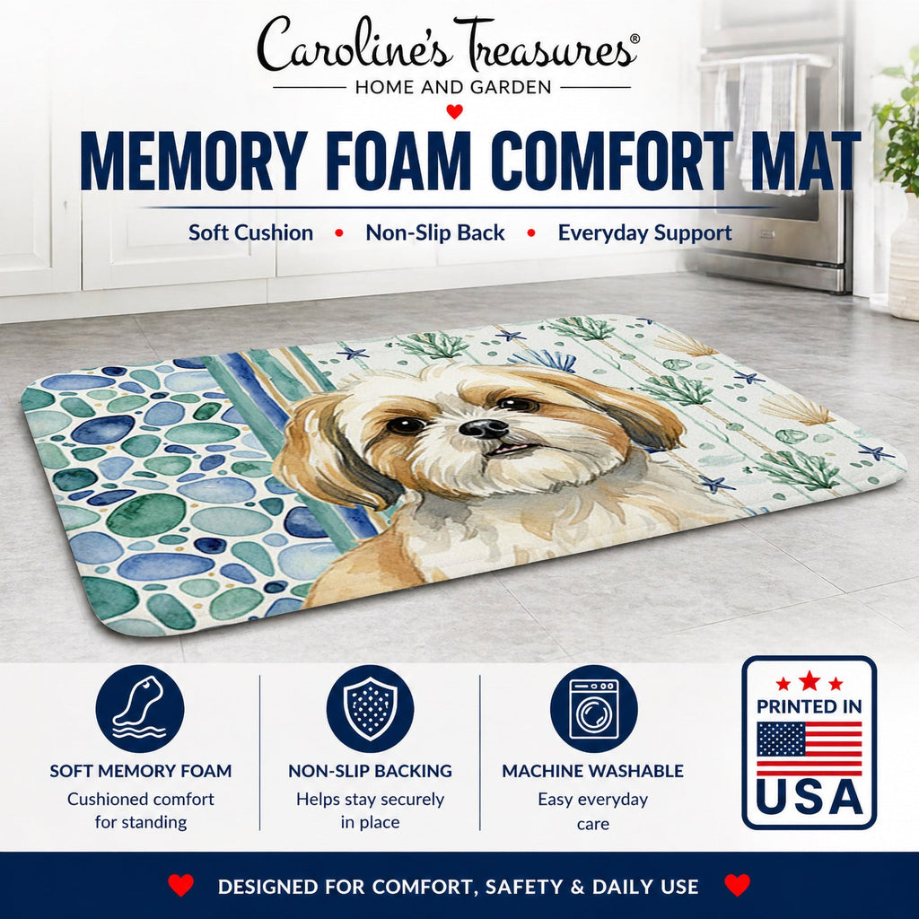 Gold and White Shih Tzu Coastal Sea Glass Memory Foam Kitchen Mat Machine Washable Anti-Fatigue Cushion Comfort Bath or Kitchen Rug