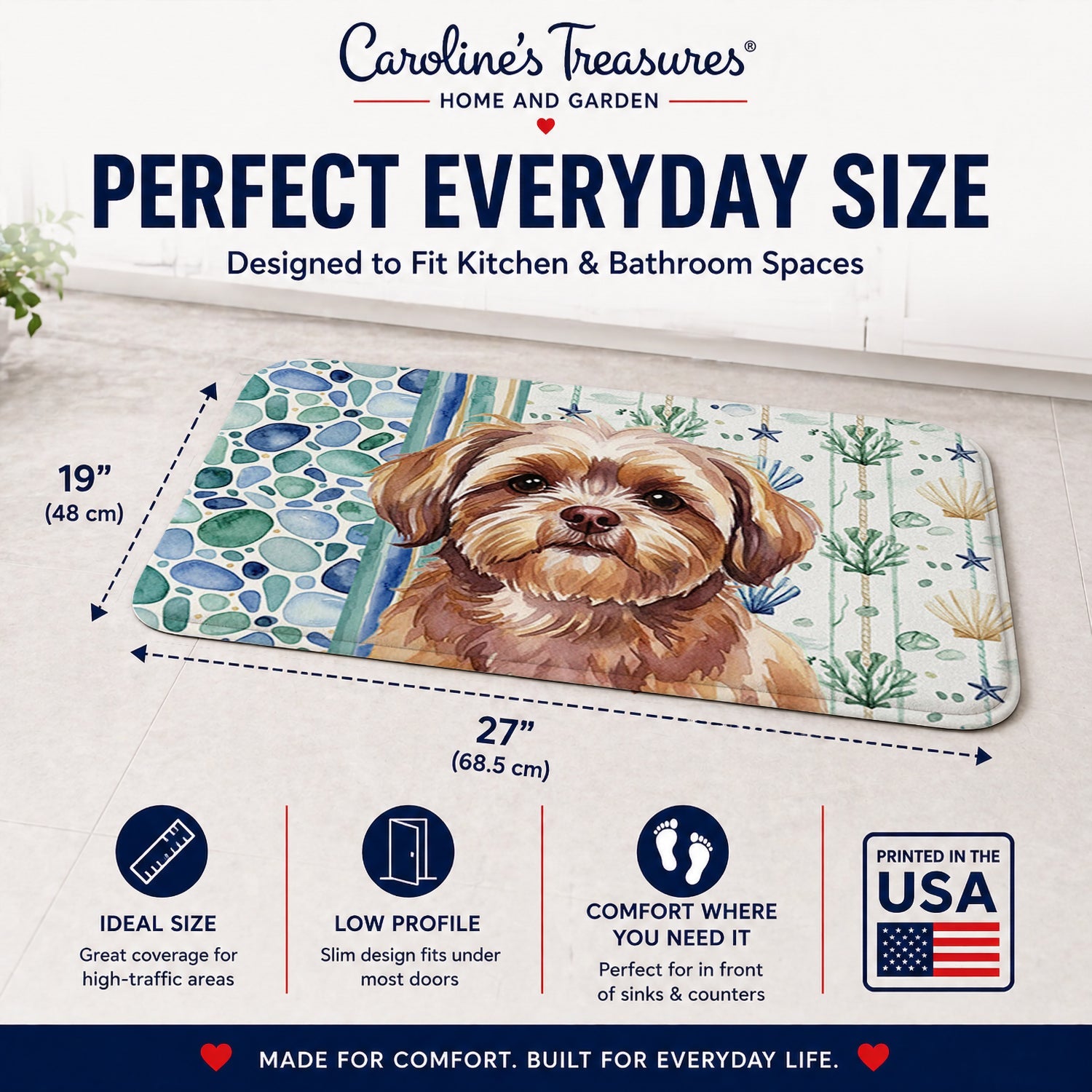 Liver Shih Tzu Coastal Sea Glass Memory Foam Kitchen Mat Machine Washable Anti-Fatigue Cushion Comfort Bath or Kitchen Rug