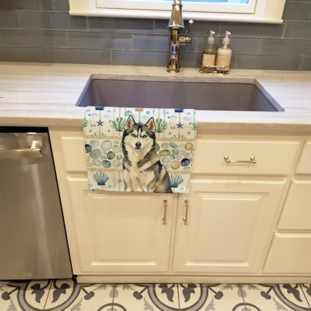Agouti Siberian Husky Coastal Sea Glass Kitchen Towel Velour Plush Front and Cotton Loop Back Machine Washable