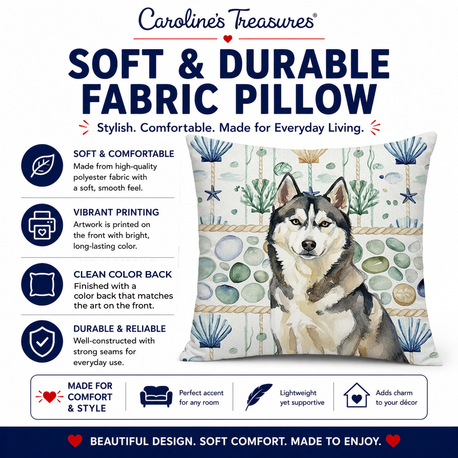 Agouti Siberian Husky Coastal Sea Glass Decorative Throw Pillow 14x14 Indoor Outdoor Accent Cushion, Fabric Cover with Insert for Sofa, Bed, Porch & Living Room