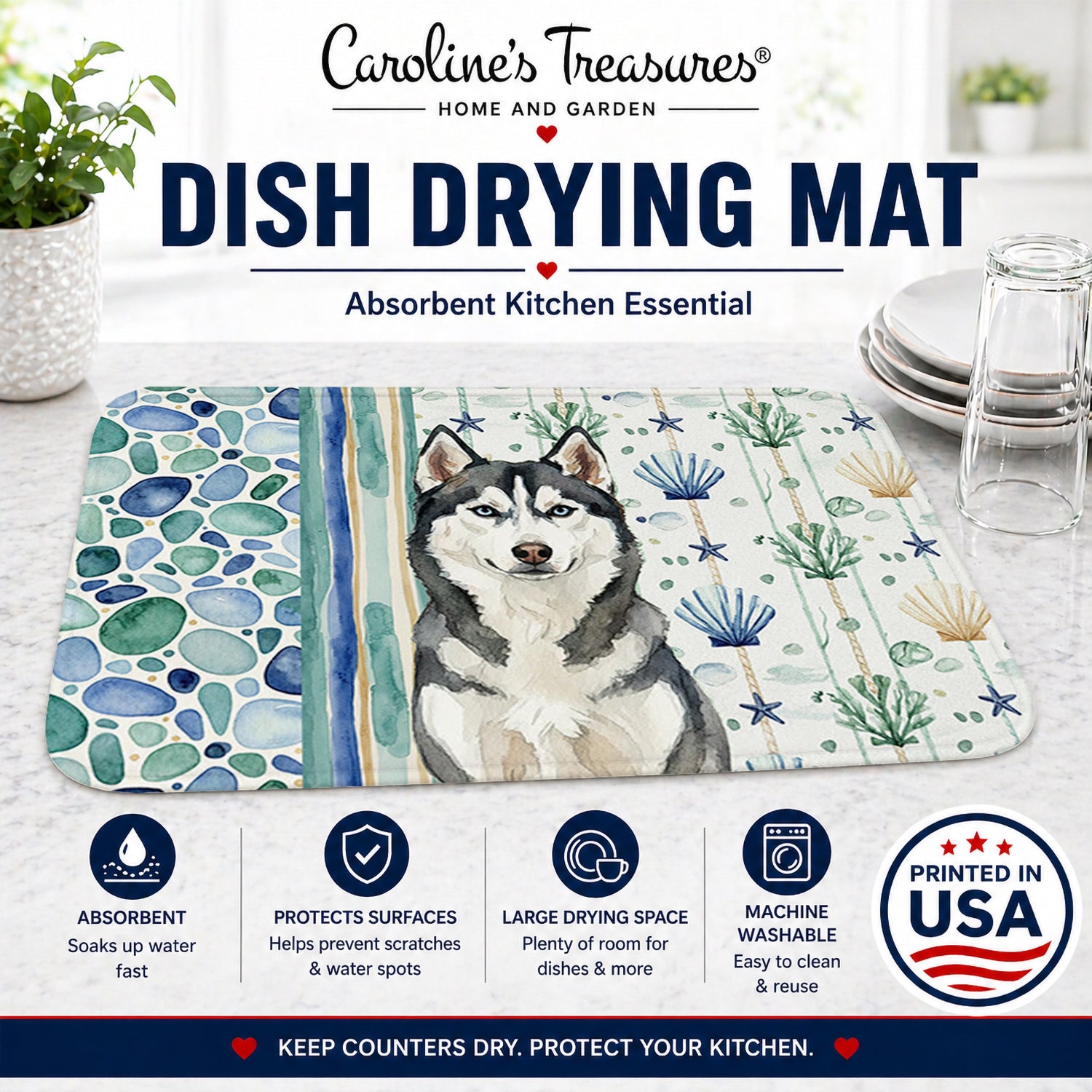 Siberian Husky Coastal Sea Glass Dish Drying Mat Absorbent Dish Drying Mat Pad for Kitchen Counter Dish Drainer Mat for Countertop, 14 x 21", Multicolor