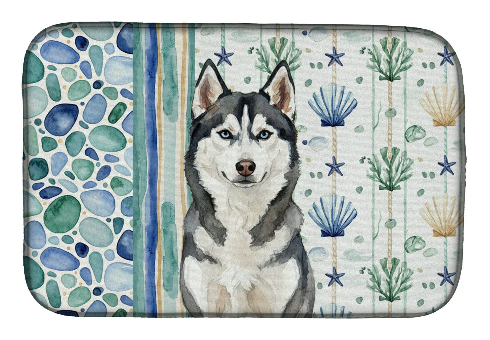 Siberian Husky Coastal Sea Glass Dish Drying Mat Absorbent Dish Drying Mat Pad for Kitchen Counter Dish Drainer Mat for Countertop, 14 x 21", Multicolor