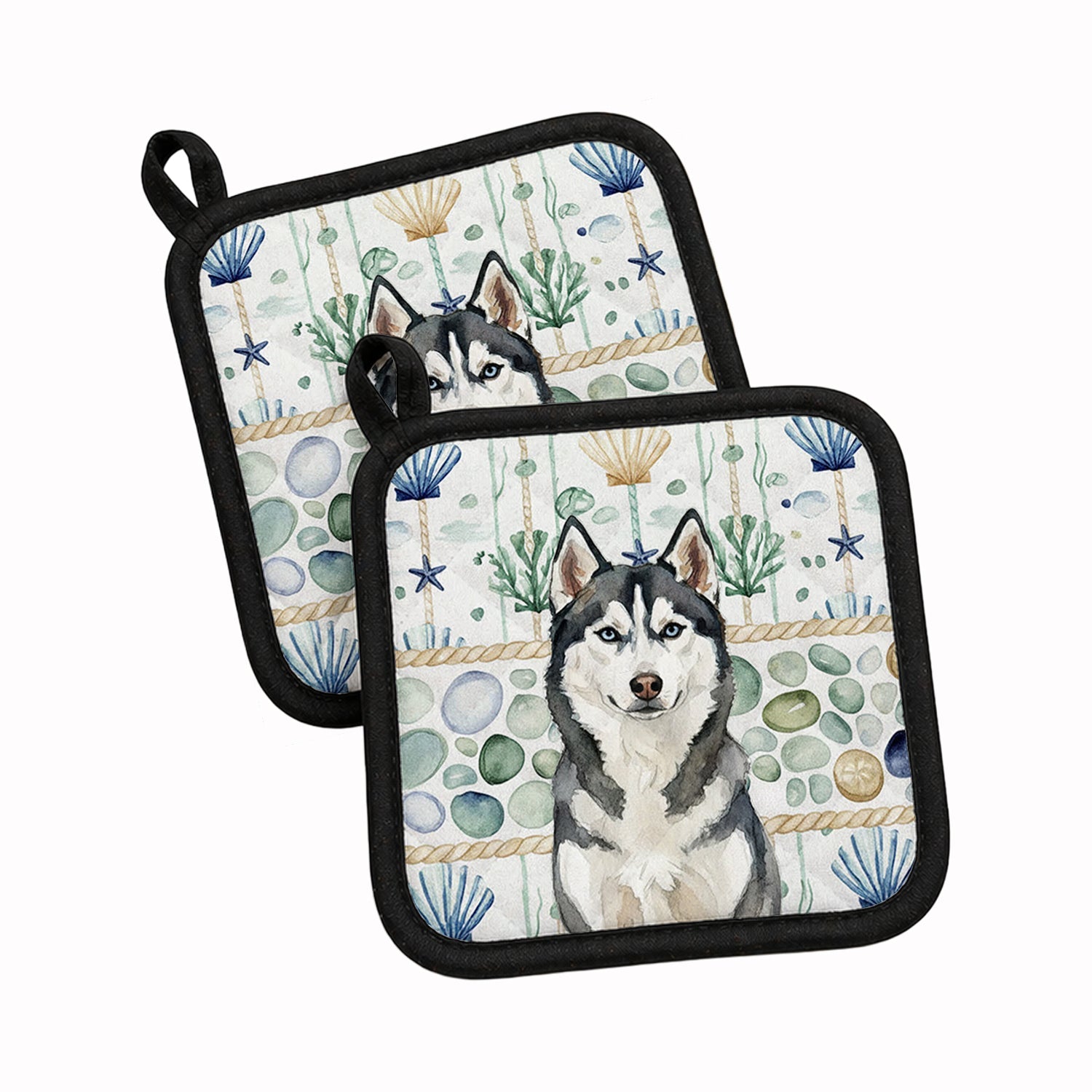 Siberian Husky Coastal Sea Glass Pot Holder Set of 2 Heat Resistant Quilted Hot Pads 7.5 x 7.5 Inch, Insulated Kitchen Trivets for Cooking & Baking