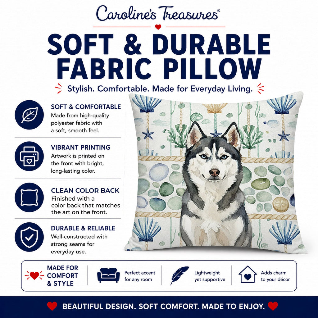 Siberian Husky Coastal Sea Glass Decorative Throw Pillow 14x14 Indoor Outdoor Accent Cushion, Fabric Cover with Insert for Sofa, Bed, Porch & Living Room