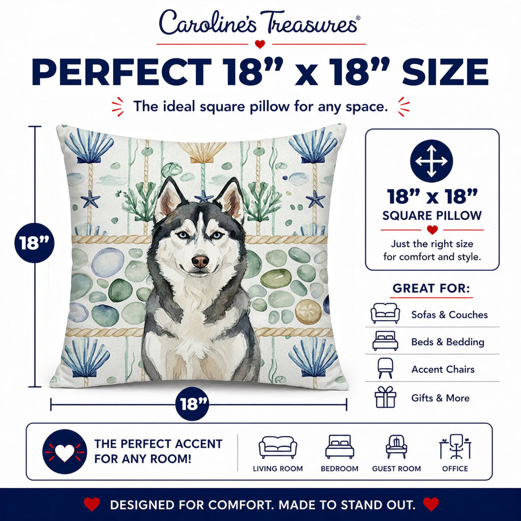 Siberian Husky Coastal Sea Glass Decorative Throw Pillow 18x18 Indoor Outdoor Accent Cushion, Fabric Cover with Insert for Sofa, Bed, Porch & Living Room