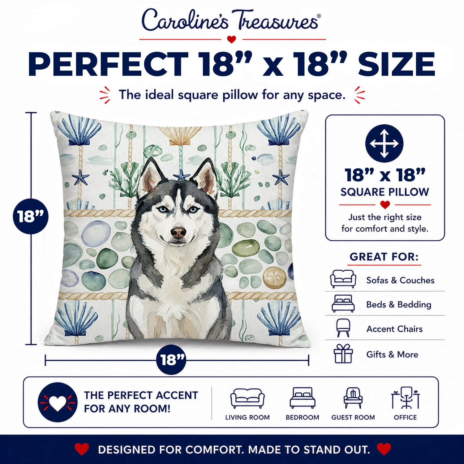 Siberian Husky Coastal Sea Glass Decorative Throw Pillow 18x18 Indoor Outdoor Accent Cushion, Fabric Cover with Insert for Sofa, Bed, Porch & Living Room