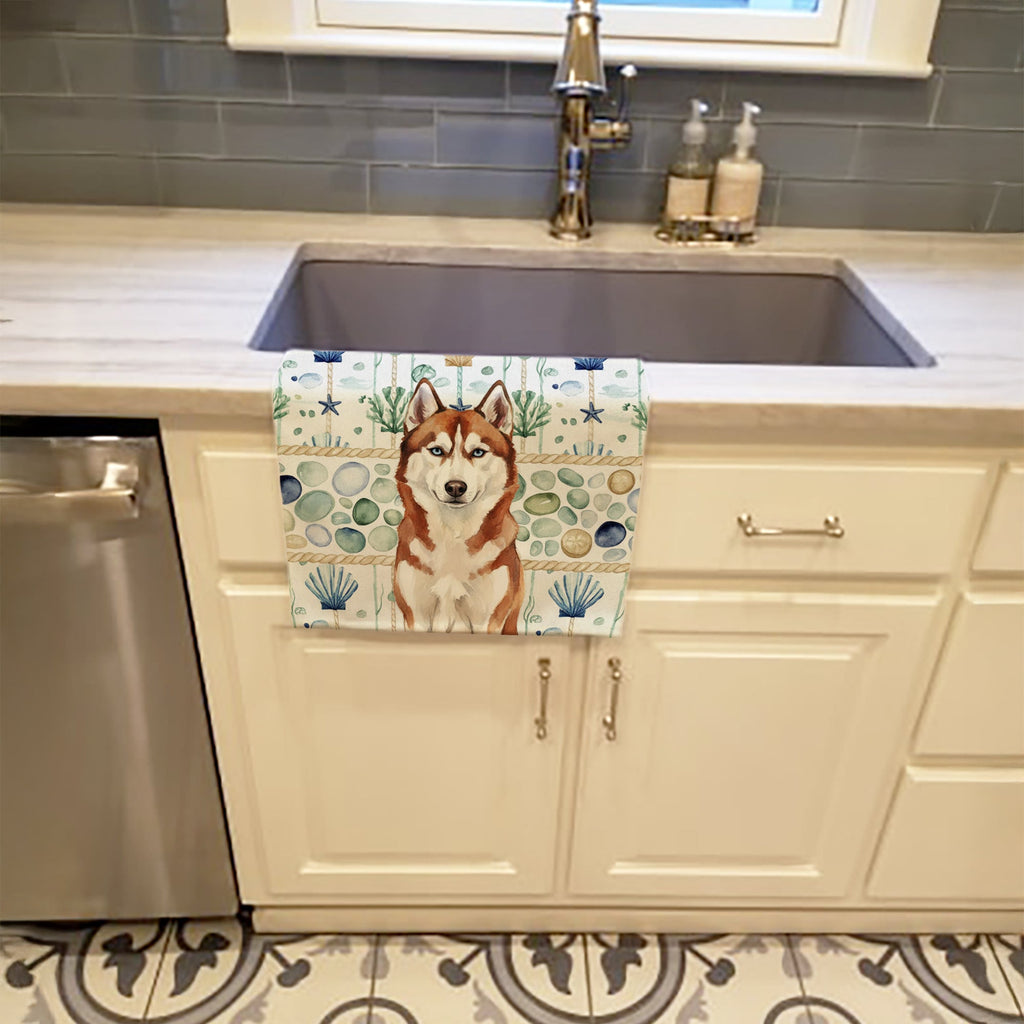 Red and White Siberian Husky Coastal Sea Glass Kitchen Towel Velour Plush Front and Cotton Loop Back Machine Washable