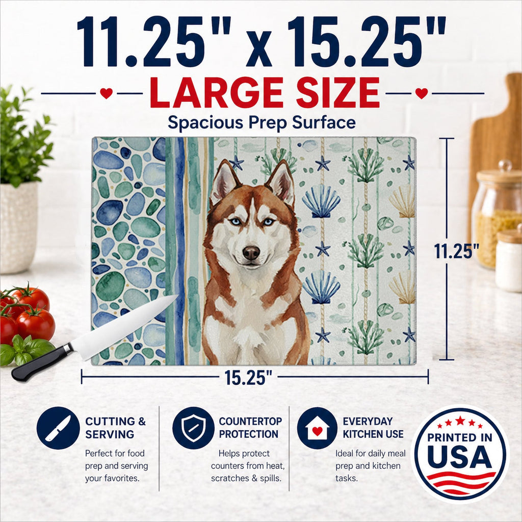 Red and White Siberian Husky Coastal Sea Glass Cutting Board Tempered Glass Kitchen Cutting Surface, Heat Resistant Chopping, Non-Slip Feet, Food Prep & Serving