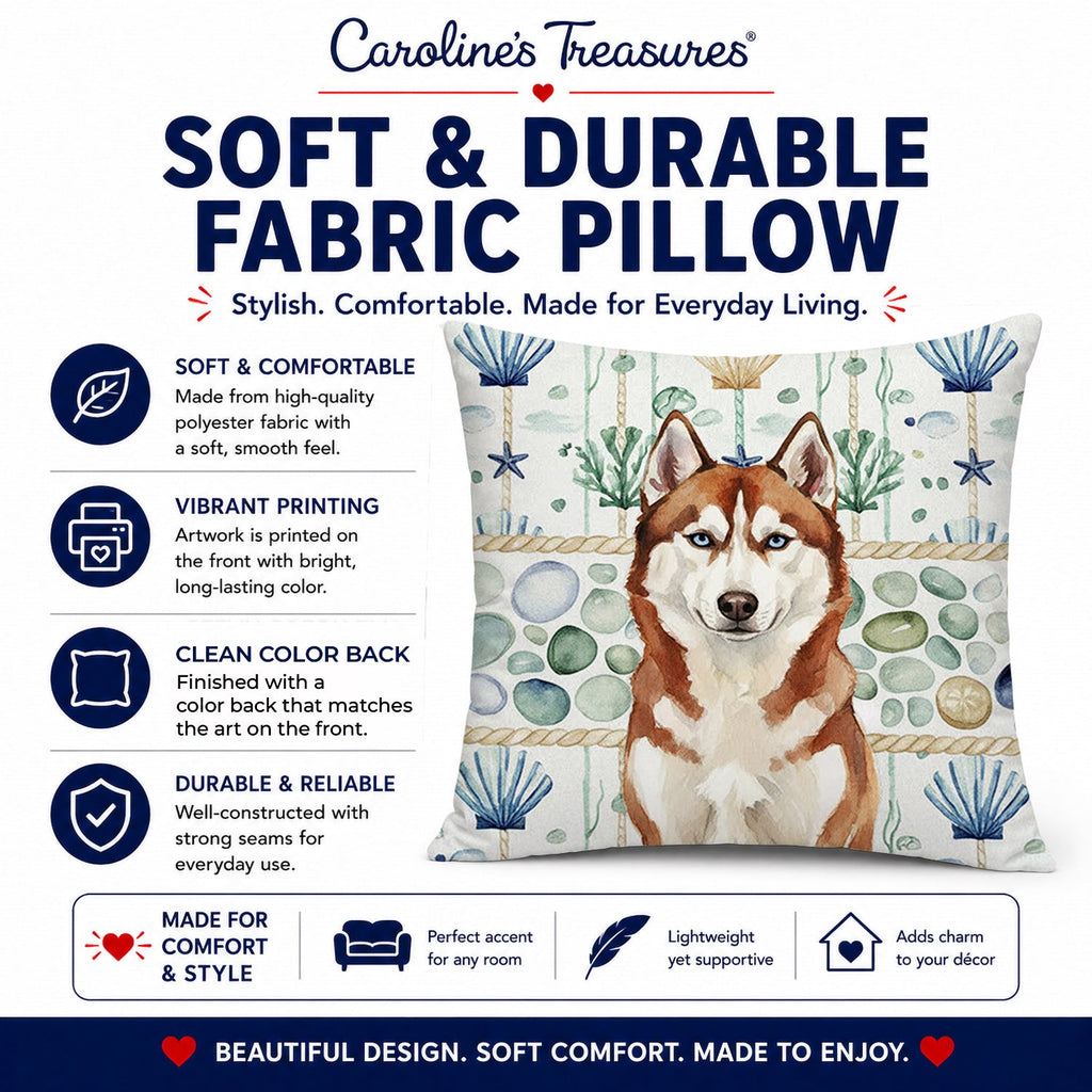 Red and White Siberian Husky Coastal Sea Glass Decorative Throw Pillow 14x14 Indoor Outdoor Accent Cushion, Fabric Cover with Insert for Sofa, Bed, Porch & Living Room