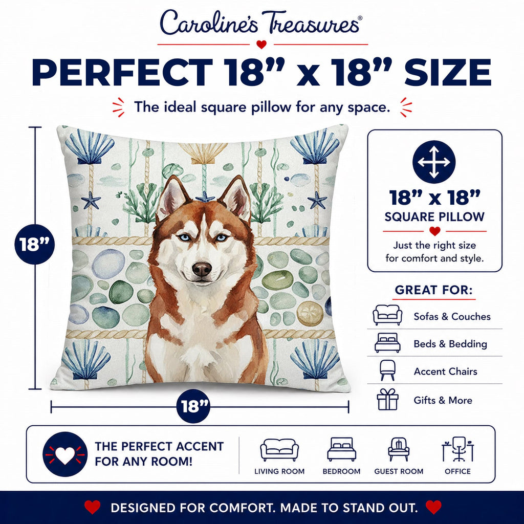 Red and White Siberian Husky Coastal Sea Glass Decorative Throw Pillow 18x18 Indoor Outdoor Accent Cushion, Fabric Cover with Insert for Sofa, Bed, Porch & Living Room