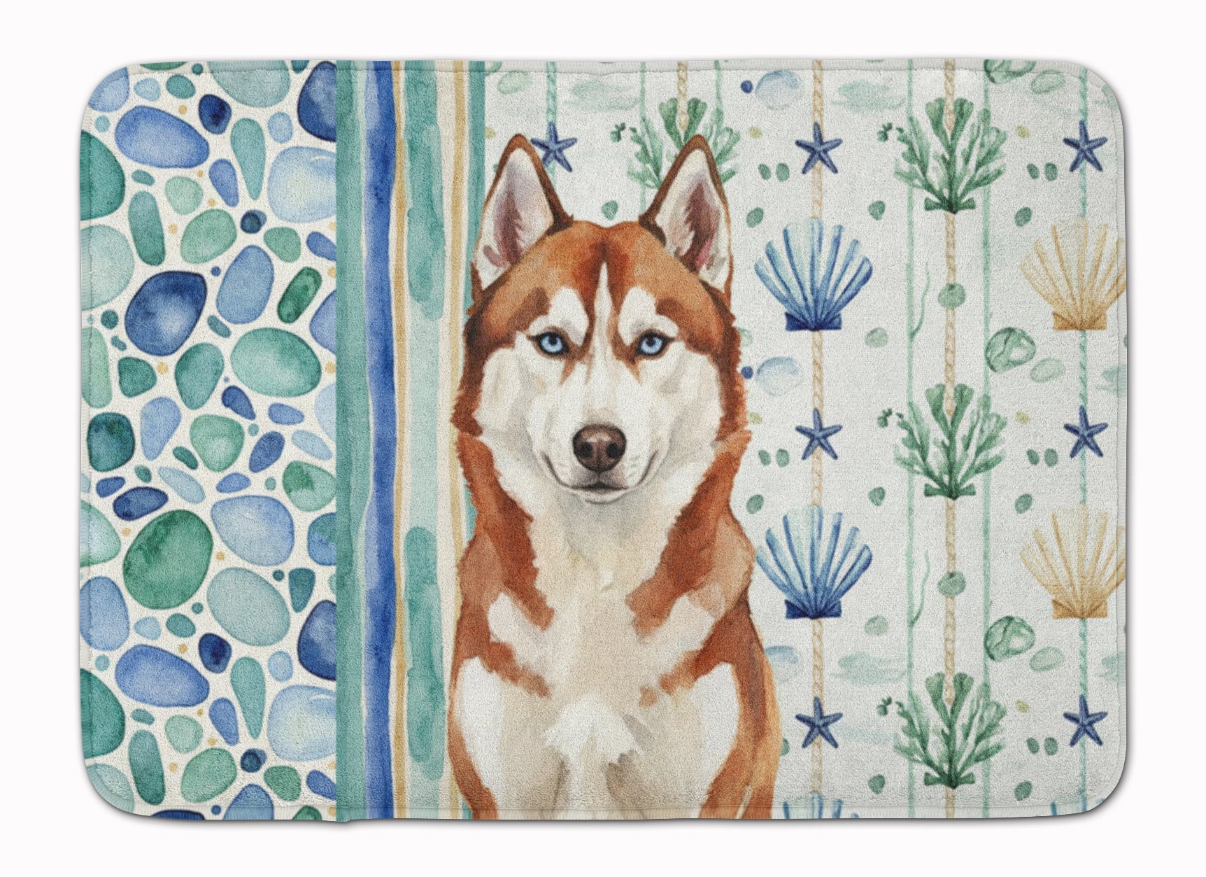 Red and White Siberian Husky Coastal Sea Glass Memory Foam Kitchen Mat Machine Washable Anti-Fatigue Cushion Comfort Bath or Kitchen Rug