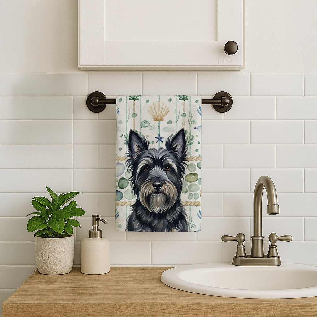 Black Skye Terrier Coastal Sea Glass Kitchen Towel Velour Plush Front and Cotton Loop Back Machine Washable