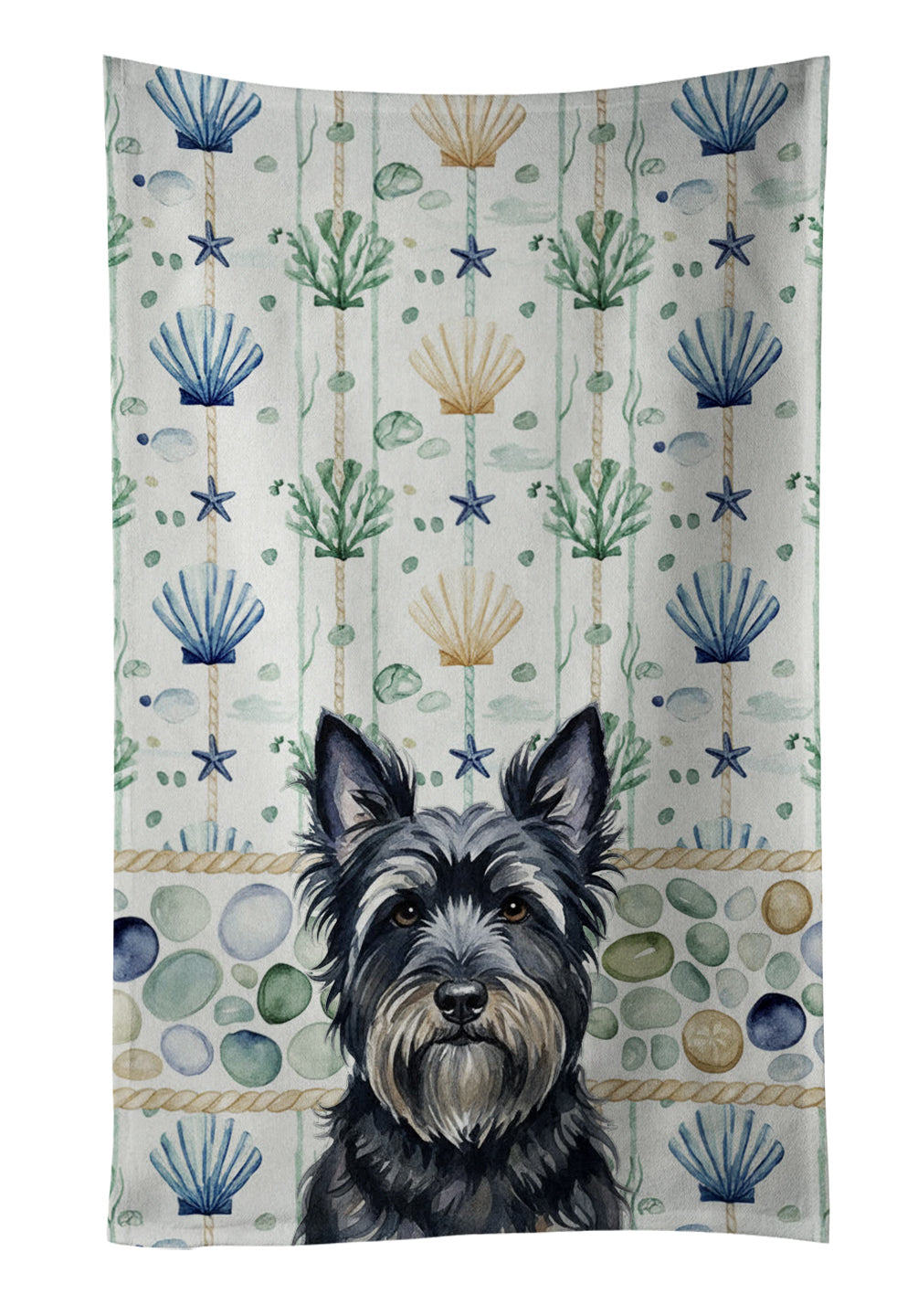 Black Skye Terrier Coastal Sea Glass Kitchen Towel Velour Plush Front and Cotton Loop Back Machine Washable