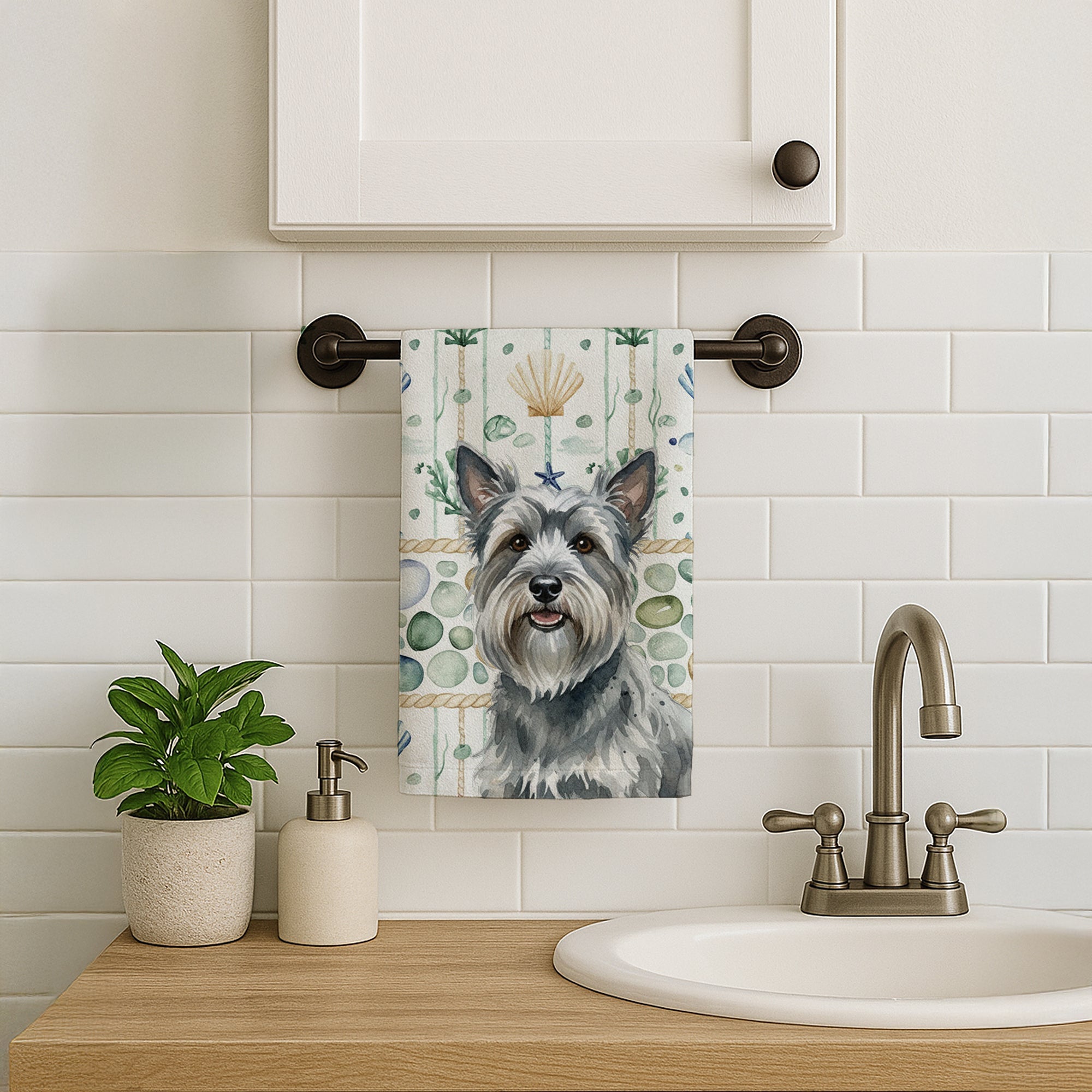 Gray Skye Terrier Coastal Sea Glass Kitchen Towel Velour Plush Front and Cotton Loop Back Machine Washable