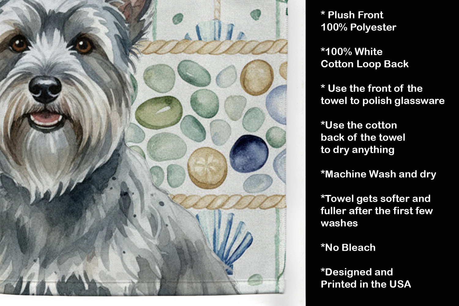 Gray Skye Terrier Coastal Sea Glass Kitchen Towel Velour Plush Front and Cotton Loop Back Machine Washable