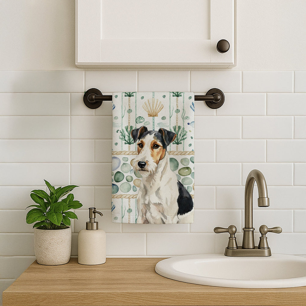 Smooth Fox Terrier Coastal Sea Glass Kitchen Towel Velour Plush Front and Cotton Loop Back Machine Washable