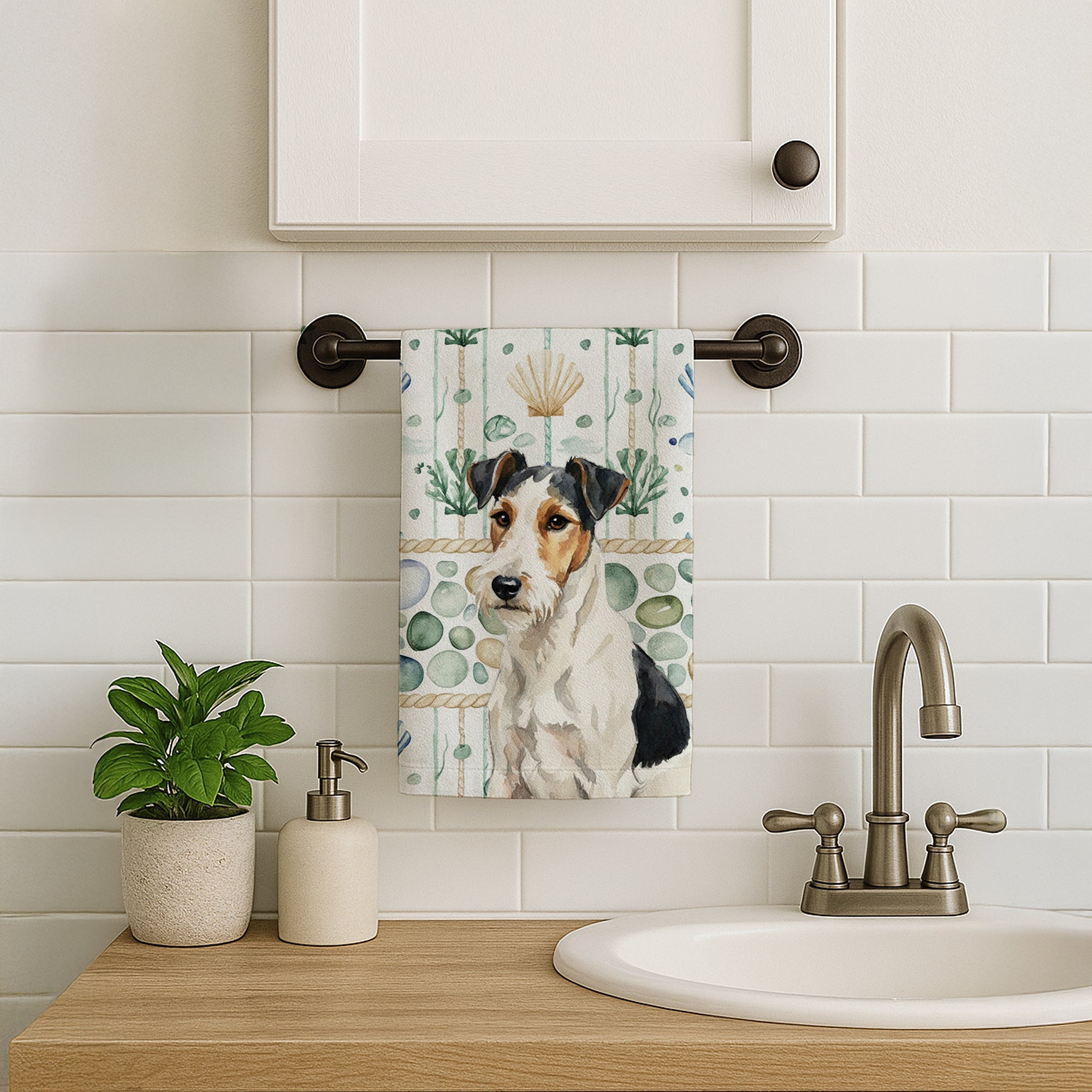 Smooth Fox Terrier Coastal Sea Glass Kitchen Towel Velour Plush Front and Cotton Loop Back Machine Washable