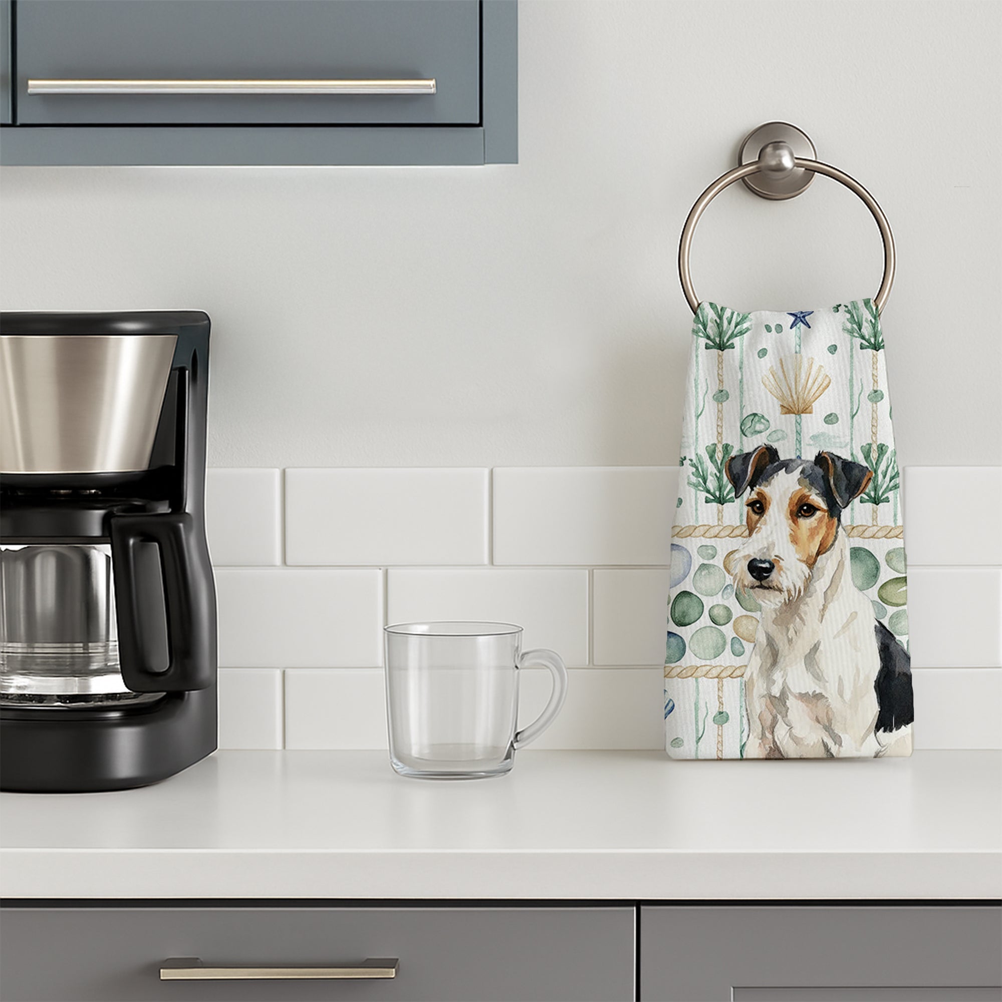 Smooth Fox Terrier Coastal Sea Glass Kitchen Towel Velour Plush Front and Cotton Loop Back Machine Washable