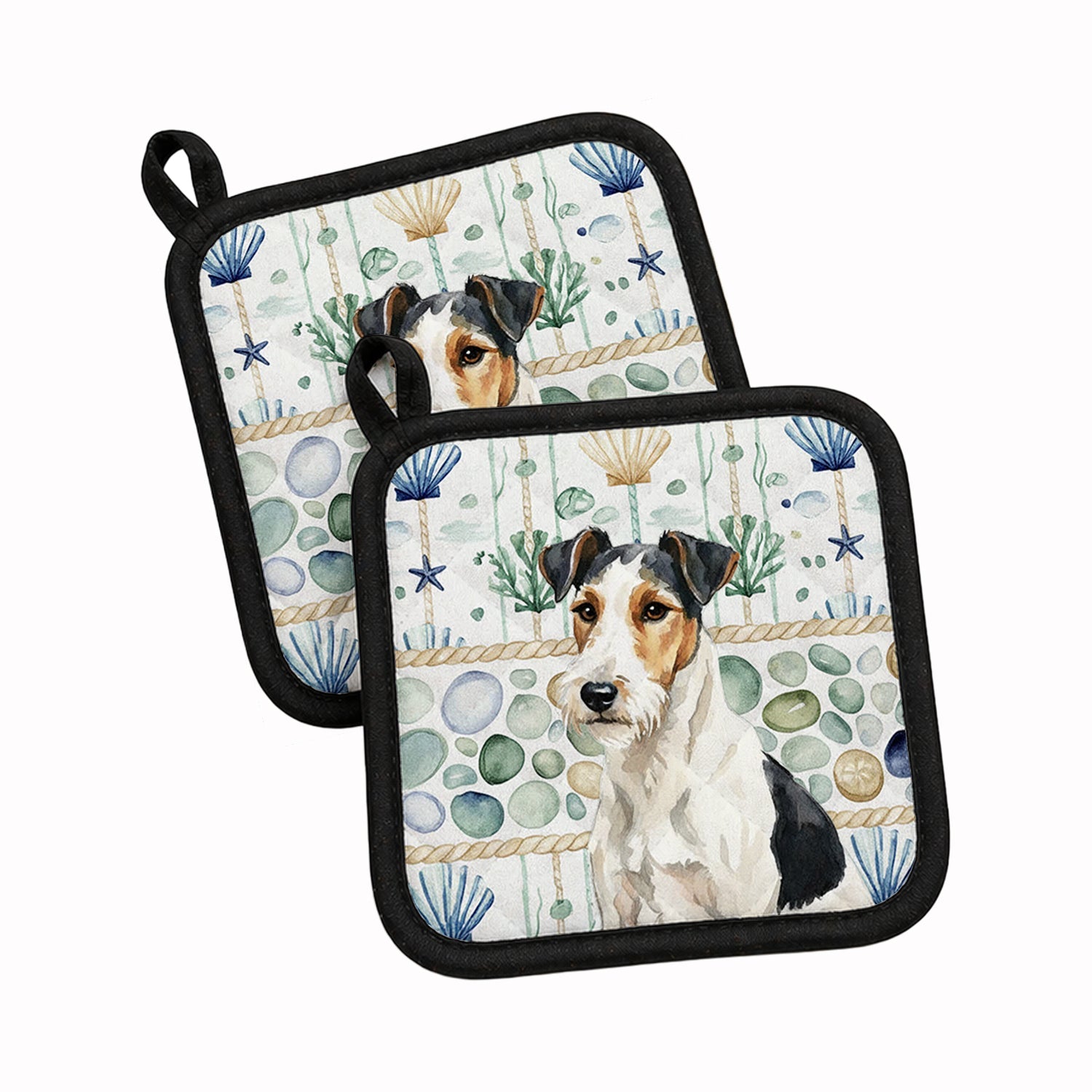 Smooth Fox Terrier Coastal Sea Glass Pot Holder Set of 2 Heat Resistant Quilted Hot Pads 7.5 x 7.5 Inch, Insulated Kitchen Trivets for Cooking & Baking
