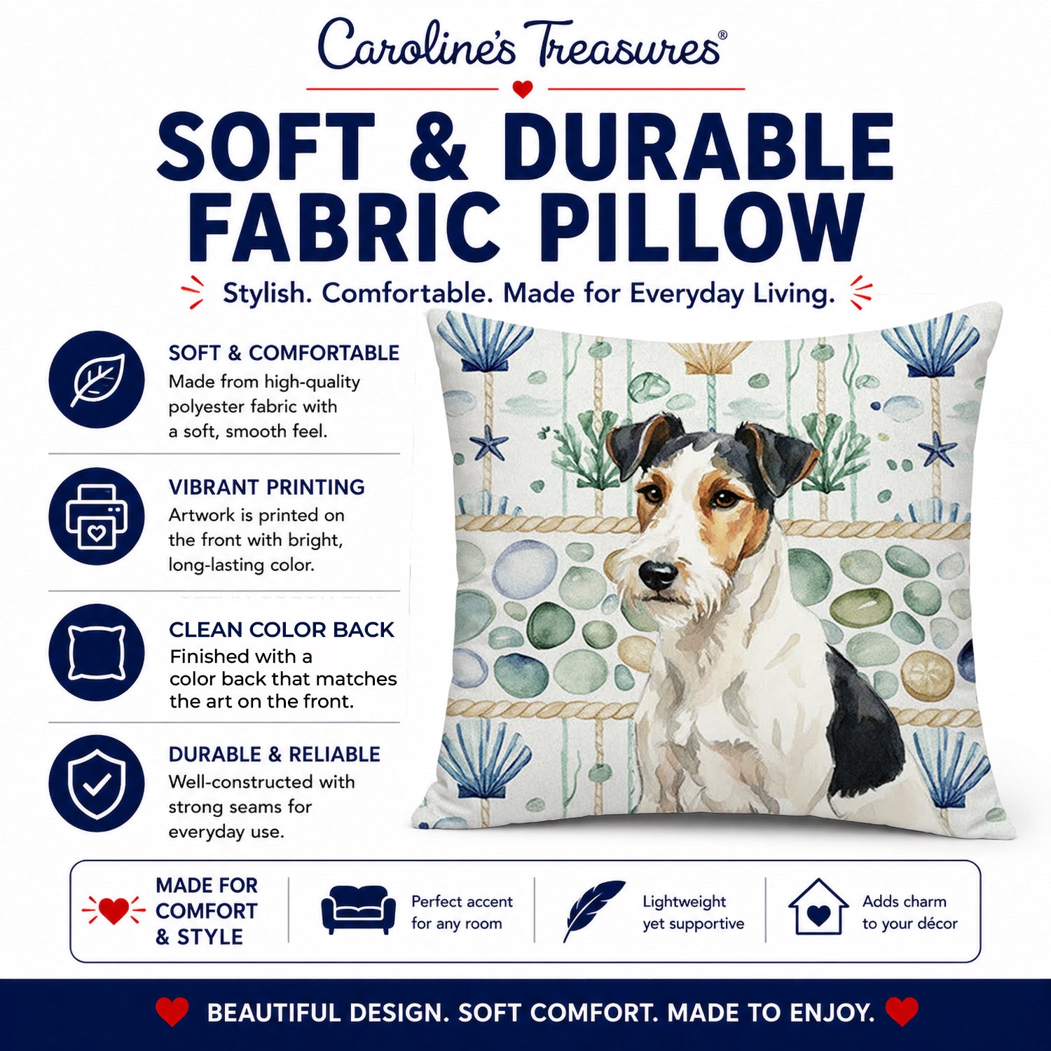 Smooth Fox Terrier Coastal Sea Glass Decorative Throw Pillow 14x14 Indoor Outdoor Accent Cushion, Fabric Cover with Insert for Sofa, Bed, Porch & Living Room