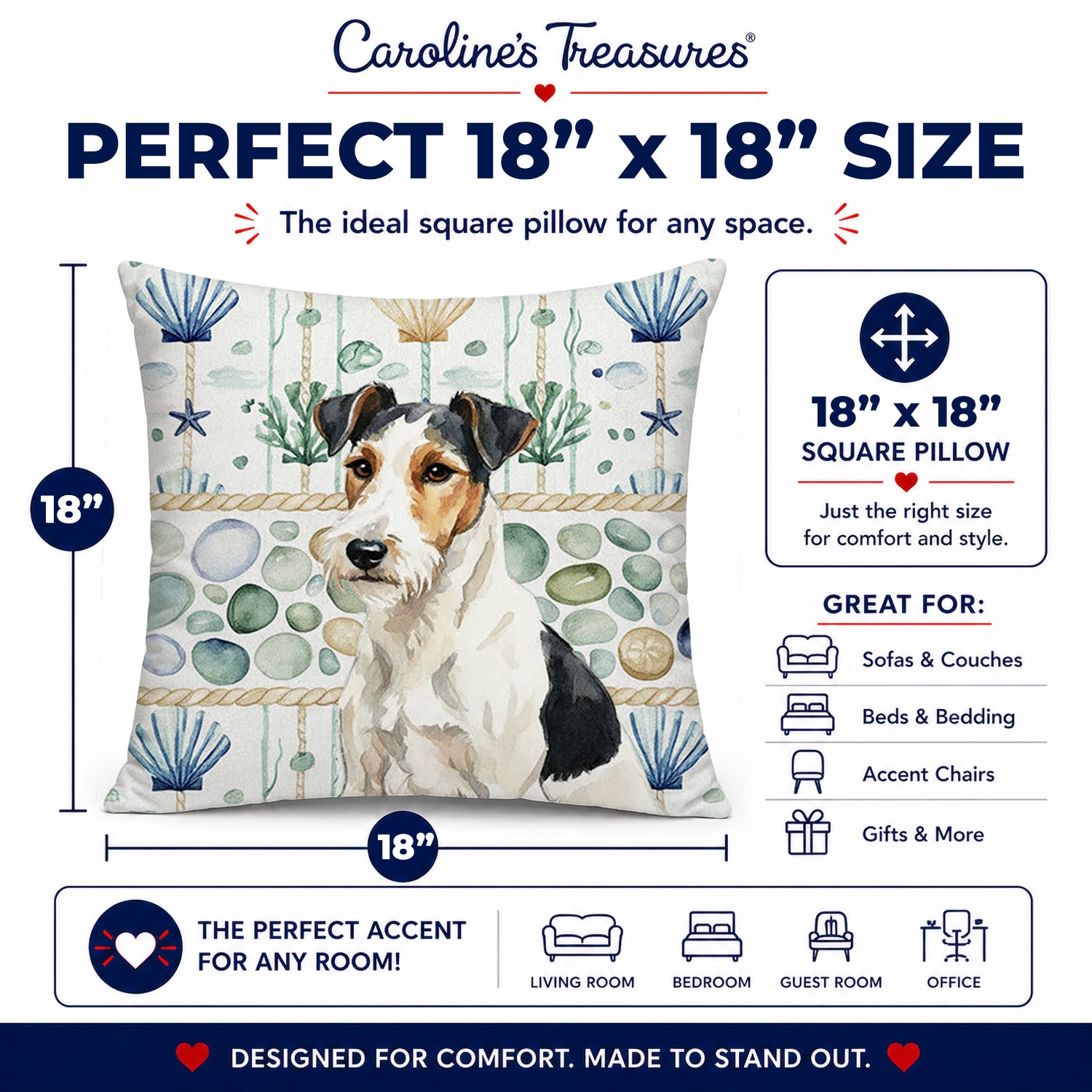Smooth Fox Terrier Coastal Sea Glass Decorative Throw Pillow 18x18 Indoor Outdoor Accent Cushion, Fabric Cover with Insert for Sofa, Bed, Porch & Living Room