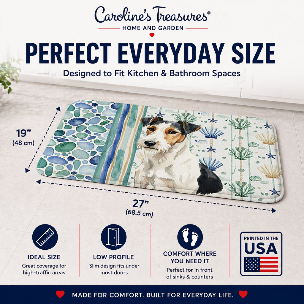 Smooth Fox Terrier Coastal Sea Glass Memory Foam Kitchen Mat Machine Washable Anti-Fatigue Cushion Comfort Bath or Kitchen Rug