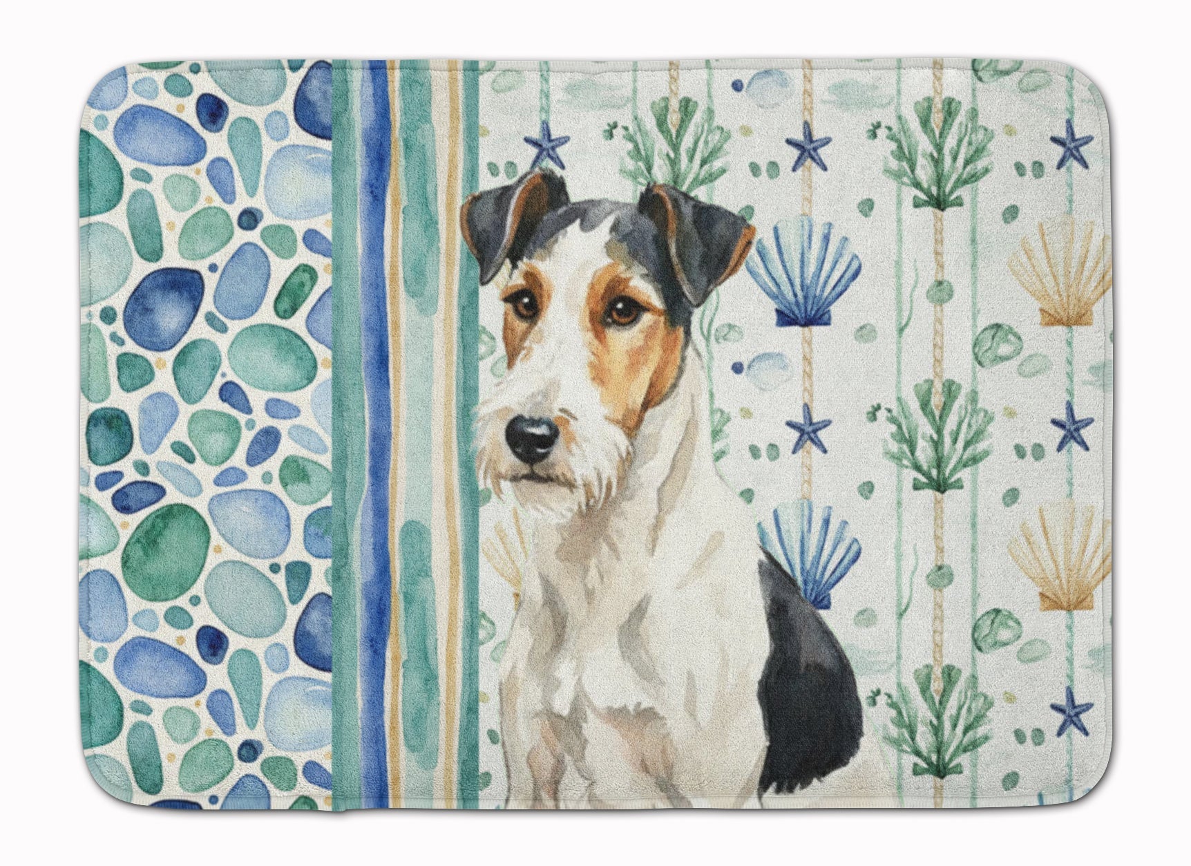 Smooth Fox Terrier Coastal Sea Glass Memory Foam Kitchen Mat Machine Washable Anti-Fatigue Cushion Comfort Bath or Kitchen Rug