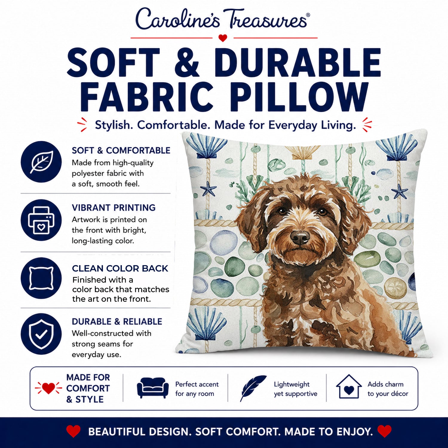 Spanish Water Dog Coastal Sea Glass Decorative Throw Pillow 14x14 Indoor Outdoor Accent Cushion, Fabric Cover with Insert for Sofa, Bed, Porch & Living Room