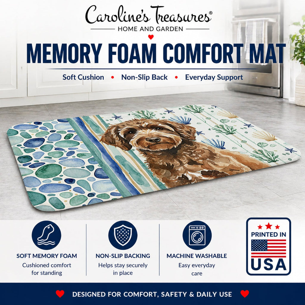 Spanish Water Dog Coastal Sea Glass Memory Foam Kitchen Mat Machine Washable Anti-Fatigue Cushion Comfort Bath or Kitchen Rug