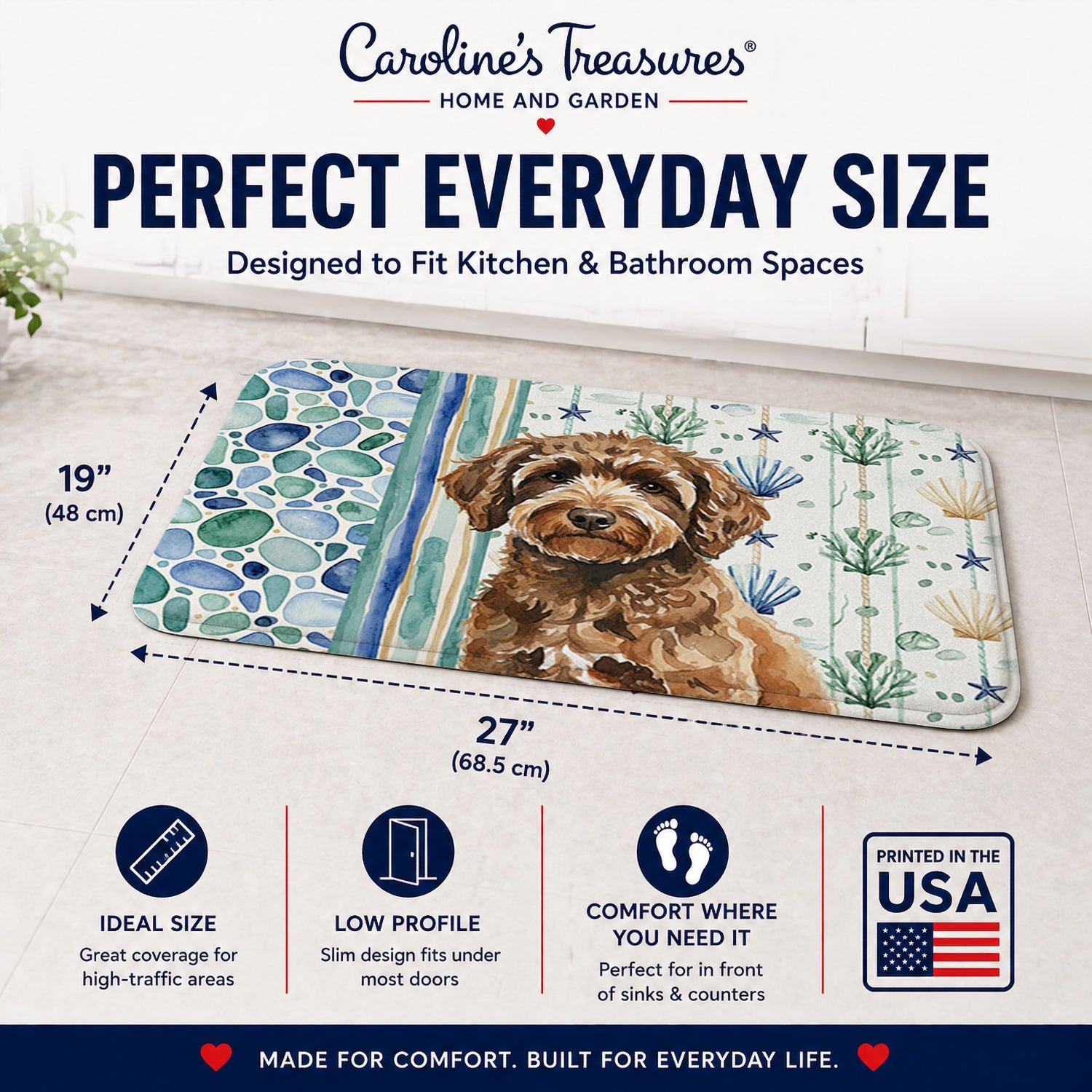 Spanish Water Dog Coastal Sea Glass Memory Foam Kitchen Mat Machine Washable Anti-Fatigue Cushion Comfort Bath or Kitchen Rug