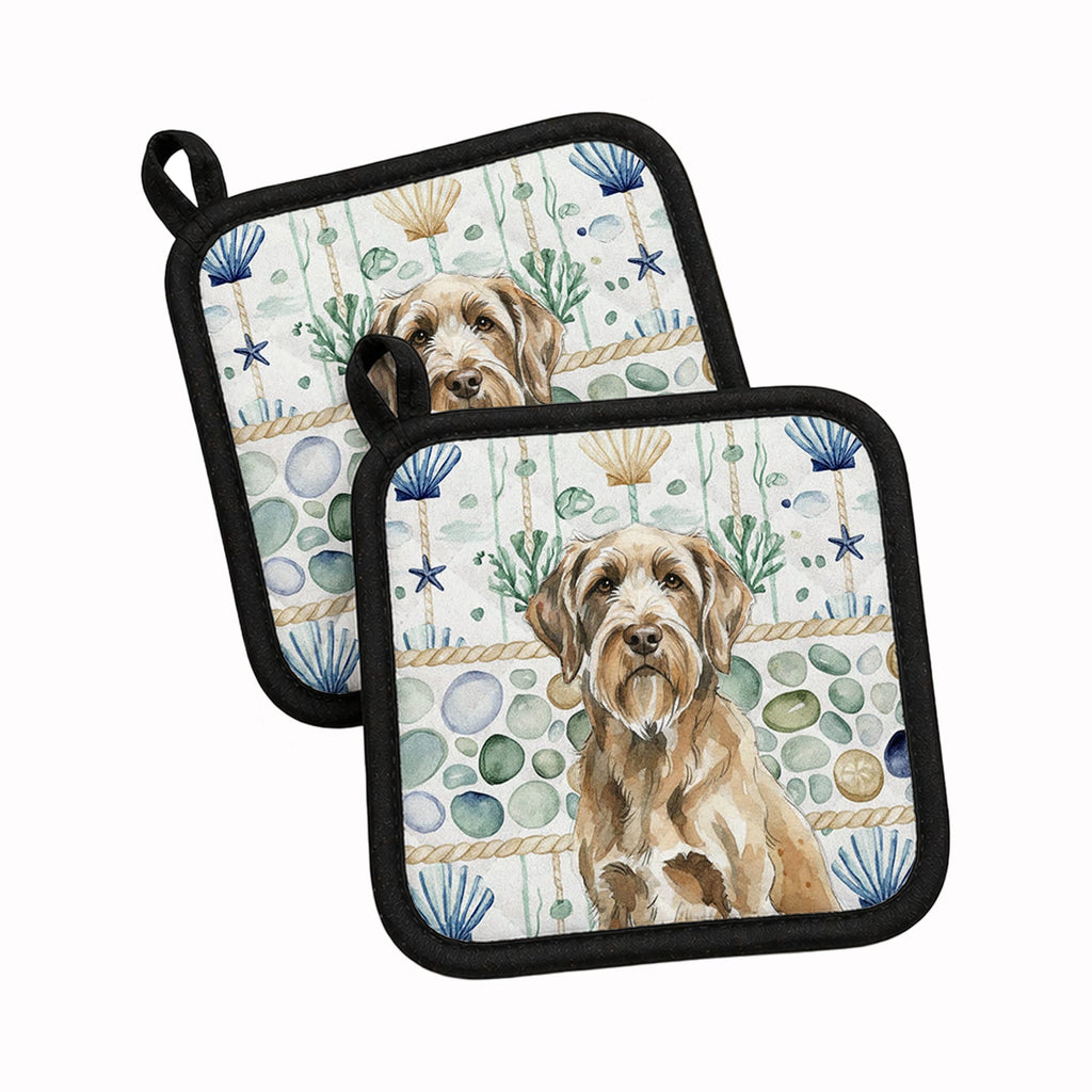 Spinone Italiano Coastal Sea Glass Pot Holder Set of 2 Heat Resistant Quilted Hot Pads 7.5 x 7.5 Inch, Insulated Kitchen Trivets for Cooking & Baking