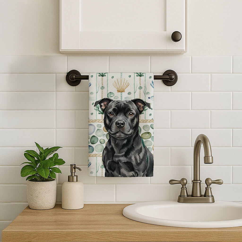 Black Staffordshire Bull Terrier Coastal Sea Glass Kitchen Towel Velour Plush Front and Cotton Loop Back Machine Washable
